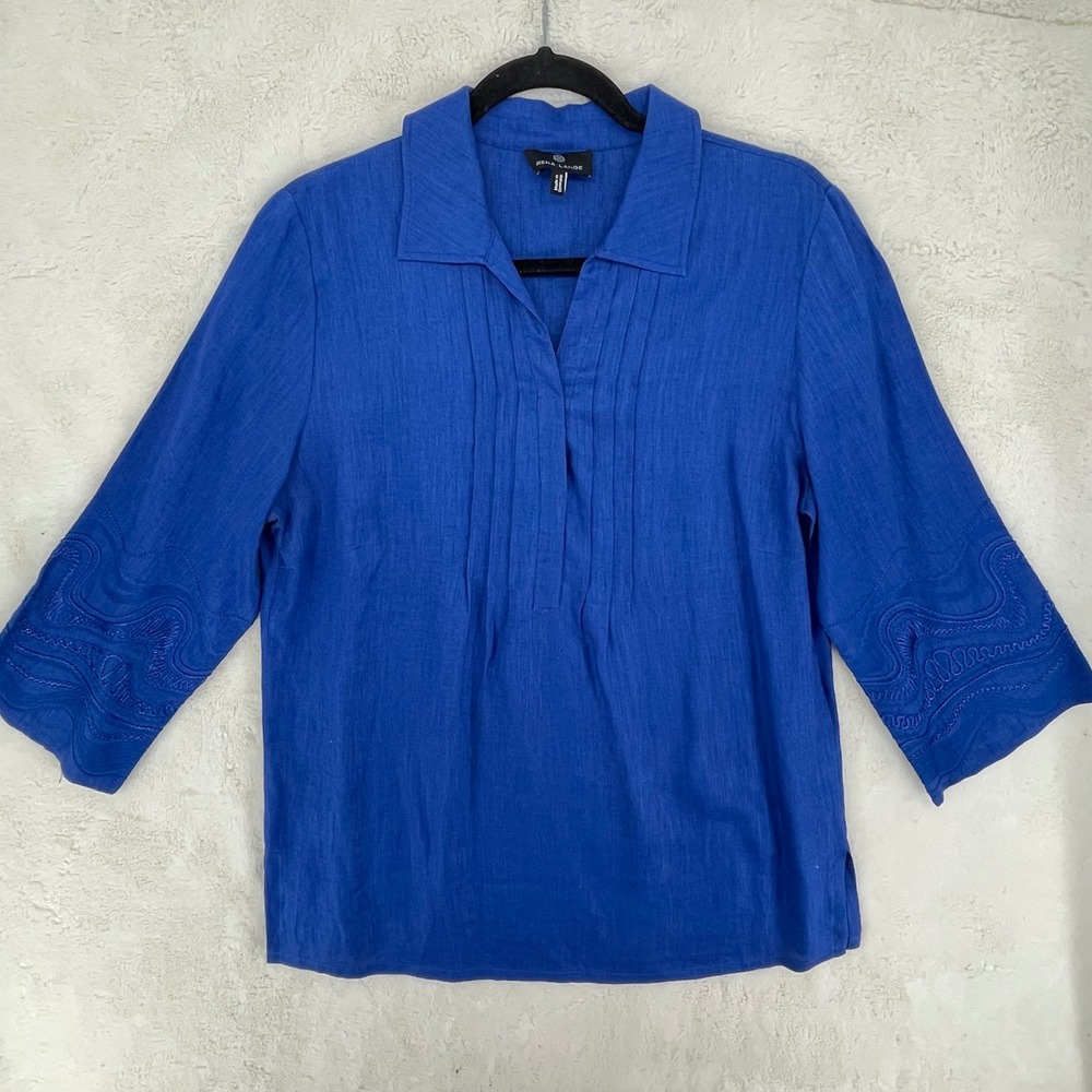Rena Lange Royal Blue Linen Tunic Top Embroidered 3/4 Sleeve Made in Germany